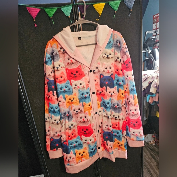 No Brand Sweaters - 😻 Knitted Cat Print Long Cardigan with Hood 💙🩷🧡